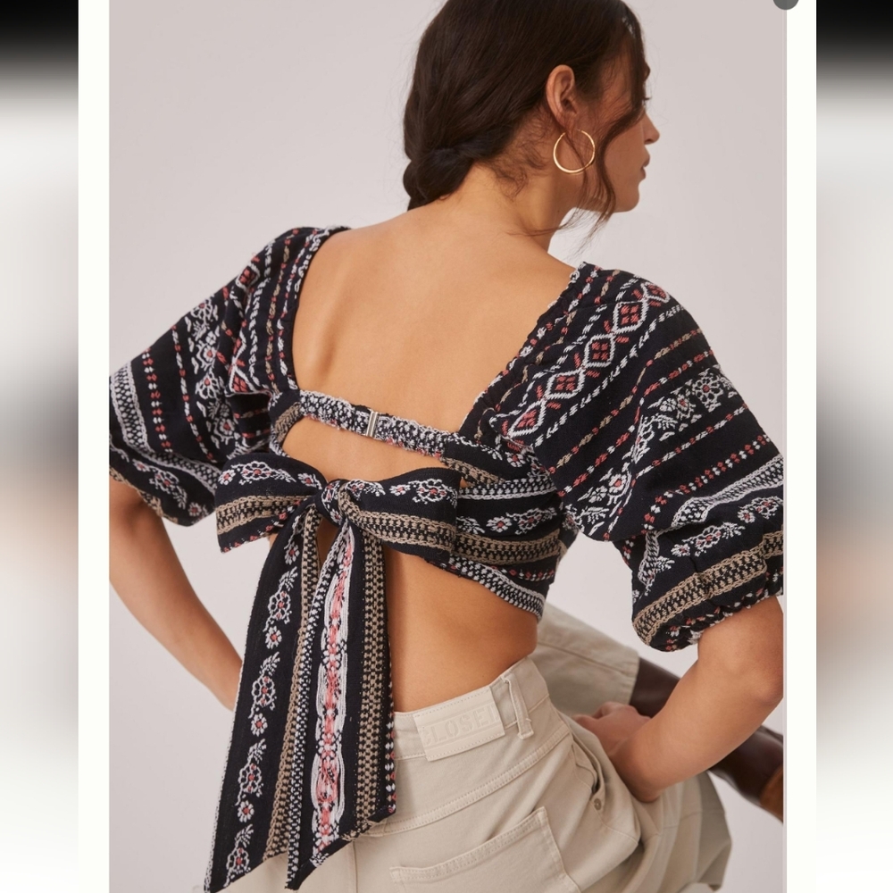 Anthropologie Blue and Black Backless Tie Front Crop Top